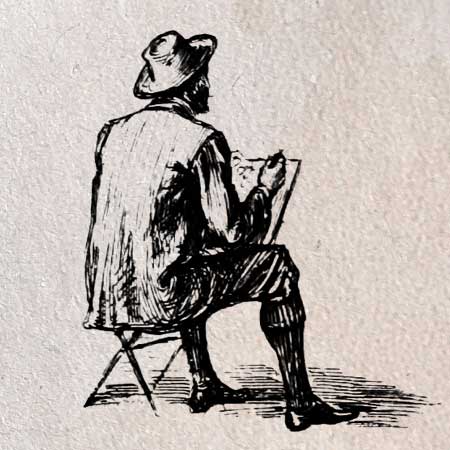 椅子に座ってスケッチをする男性のイラスト。透過加工済みのフリー素材。